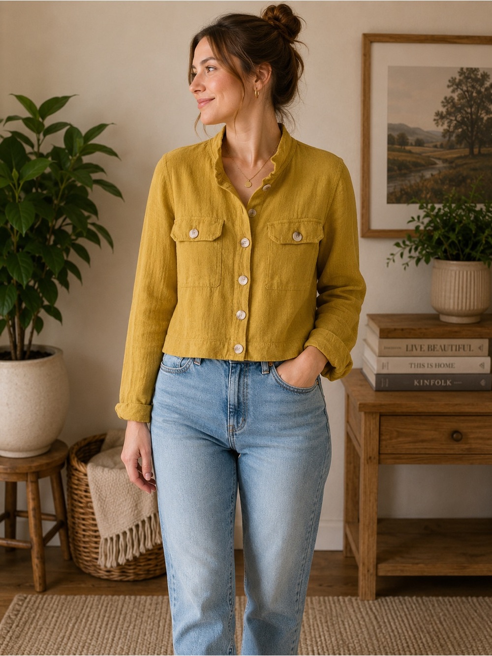 Tribal Jeans Mustard Yellow Linen Blend Button Front Jacket | Size M